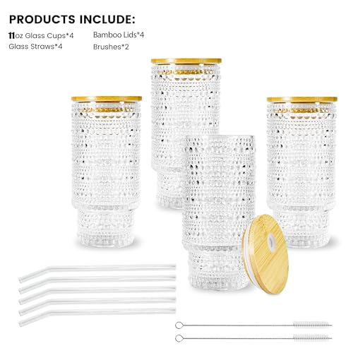 4 Pcs 11 oz Drinking Glasses Cups Set with Bamboo Lids Straws Brush Small Drinking Glassware Set for Juice Iced Coffee Cocktail Whiskey (4 Count)