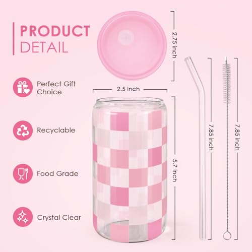 Checker 16 Oz Can Glass Tumbler with Acrylic Lid and Straw