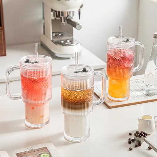 24 oz Ribbed & Floral Glass Tumblers with Handle