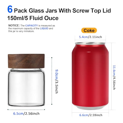 6 pc Glass Spice jars Glass Jars with Screw Lid 5 oz Acacia Wood Glass Herb Sugar Coffee Bean Ground Container Food Storage Canister for Candy Pantry Tea Seasoning Meal Prep Snack