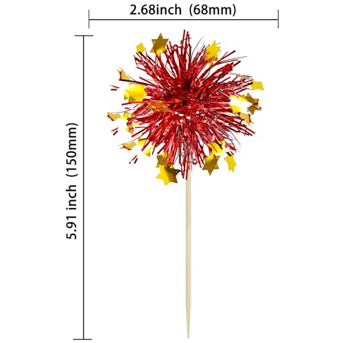30Pcs Foil Firework Cupcake Toppers Party Birthday Cake Toppers Supplies Sparkle Tinsel Cocktail Fruit Toothpick for Birthday Wedding Graduation Party Red (30 Count)