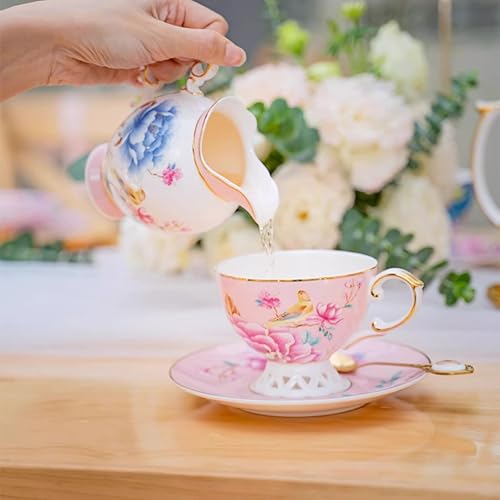 Pink Floral Porcelain Tea Set with 6 Cups and Saucers