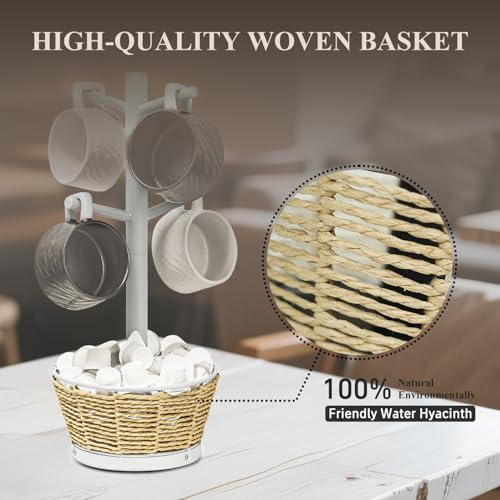Wood Mug Holder Tree with Woven Basket