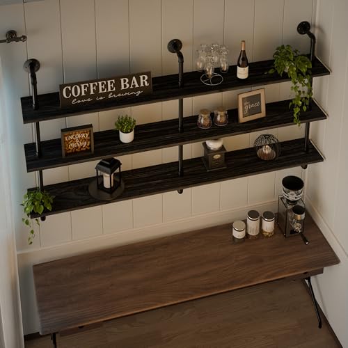 Floating Shelves 70 inch Wall Bookshelf Industrial Pipe Shelving Shelves Real Wood Planks Rustic Wall Shelves Hanging Bookshelves Farmhouse Kitchen Bar Shelving