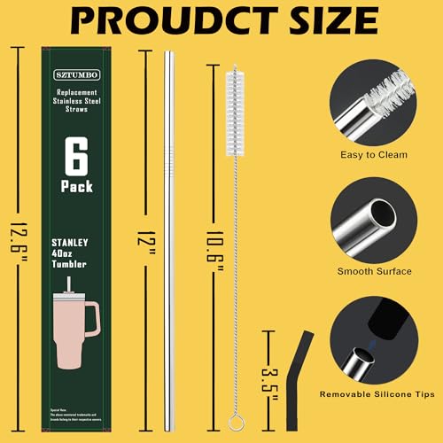 6 Pack 12 Inch Reusable Metal Stainless Steel Straight Straw