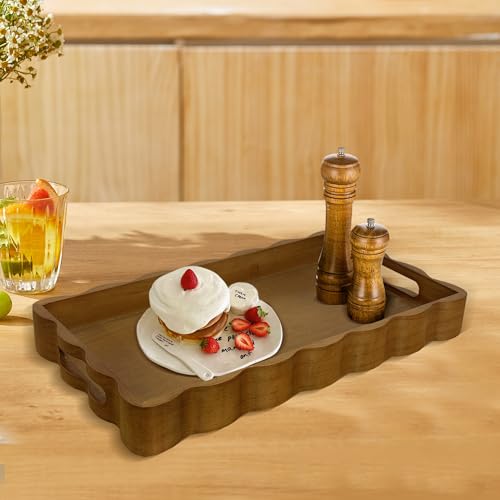 Pine Wood Decorative Tray with Handle Rectangular Wooden Serving Tray for Breakfast in Bed