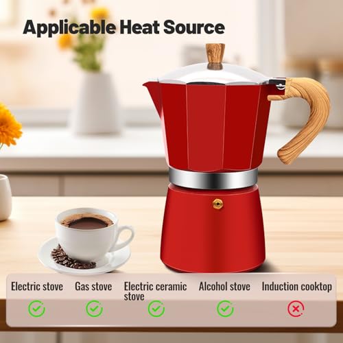 12 Cup Aluminum Moka Pot Classic Stovetop Espresso Coffee Maker 600ml 20oz Coffeemaker Percolator Mocha Pot Greca Coffee Maker Cafe Makers for Italian and Cuban Café Brewing Red