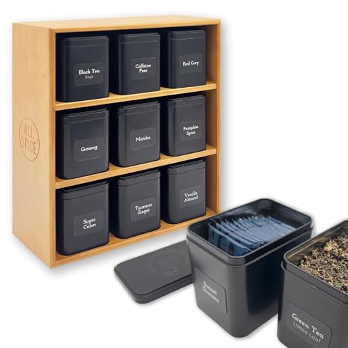 Tea Organizer Rack with 9 Tins & 160 Magnetic Labels