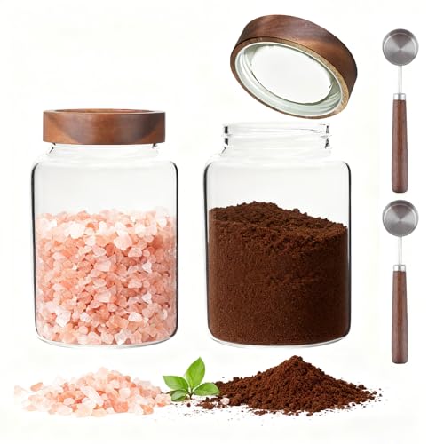 60 oz Glass Coffee Jars with Wooden Airtight Lid Spoon Clear Herb Ground Canister Round Food Storage Container for Sugar Pantry Flours Tea Coffee Bean Spice Cookies