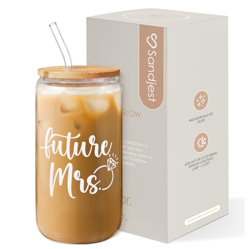 Future Mrs Glass Coffee Cup 16 Oz with Bamboo Lid and Straw