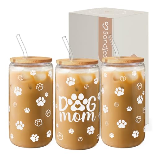 Dog Mom Cup 16 Oz Can Glass Coffee Mug with Bamboo Lid & Straw