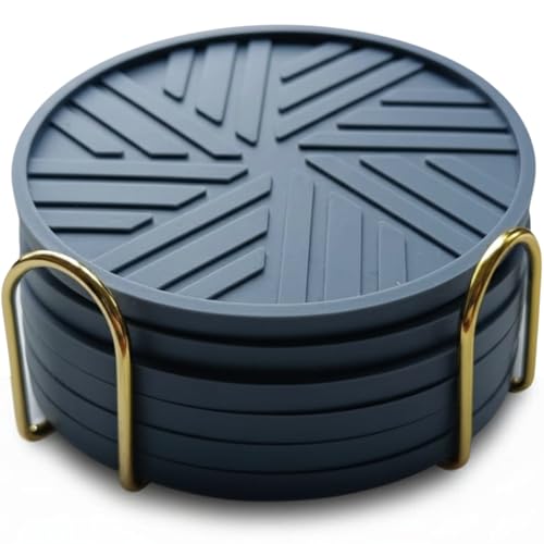 Silicone Coasters Set of 6 & Gold Holder with smart Modern Groove Patterns