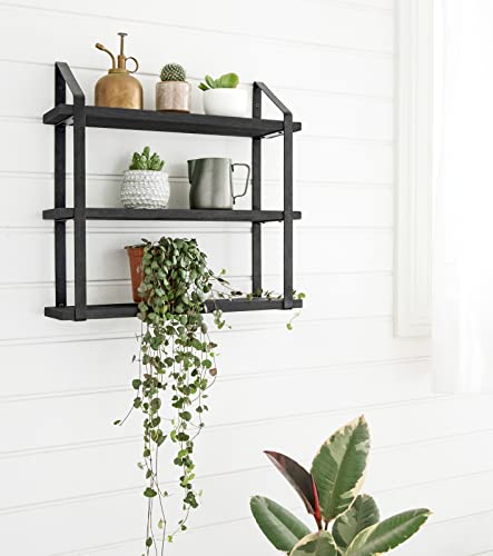 Floating Wall Shelves 3 Tier Rustic Hanging Shelf with Metal Bracket Wall Mount Wood Storage Display Shelves for Living Room Bathroom Bedroom Kitchen Office