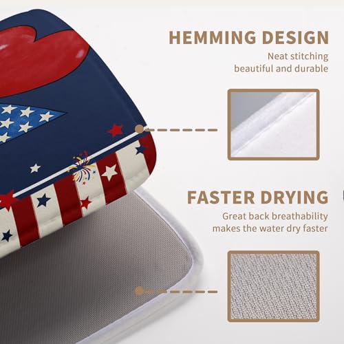 4th of July Star Dish Drying Mats Patriotic Hearts Dish Mat Blue Red Firework Drying Matt Dishes Dryer Pad for Kitchen Counter Absorbent Microfiber Washable Foldable Reusable 18x24 in