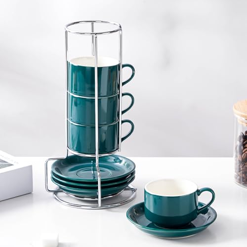 2.5 Ounce Stackable Espresso Cups with Saucers and Metal Stand (4 Count)