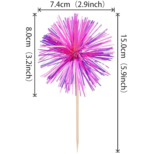 30 PCS Foil Firework Cupcake Toppers Happy Birthday Cupcake Toppers Sparkle Tinsel Flower Drink Stirrers Cocktail Fruit Toothpicks for Valentine's Day Baby Shower Party Cake Decor Supplies Rose Red (30 Count)
