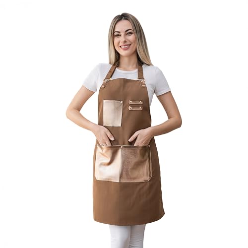 Barista Tools Apron for Women Hairstylists Servers Waterproof Canvas Kitchen Apron with 3 Pockets for Cooking Gardening