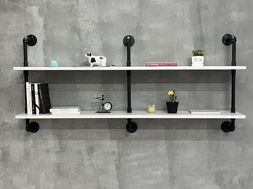 Industrial Pipe Shelving Rustic White Pipe Wall Shelves Industrial Shelves with Wood Planks Floating Shelves 60 Inch Farmhouse Bathroom (2 Count)