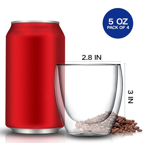 Set of 4 Double Walled Glass Coffee Mugs 5 Ounces Insulated Layer Coffee Cups Borosilicate Glass Espresso Cup for Hot Beverage (4 Count)