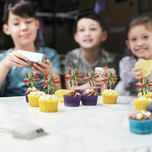 20Pcs Foil Firework Cupcake Toppers Happy Birthday Cake Toppers Tinsel Flower Drink Stirrers Cocktail Food Fruit Toothpicks for Valentine's Day Party Birthday Wedding Supplies Green Red (20 Count)