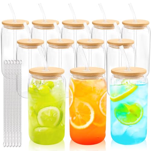 12Pcs Glass Cups with Bamboo Lids and Straws Bulk 16 oz Can Shaped (12 Count)