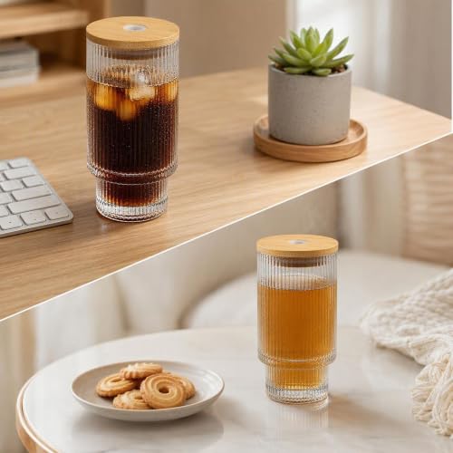 Hobnail Glass Cups with Lids and Straws Drinking Glasses Set of 8 (8 Count)