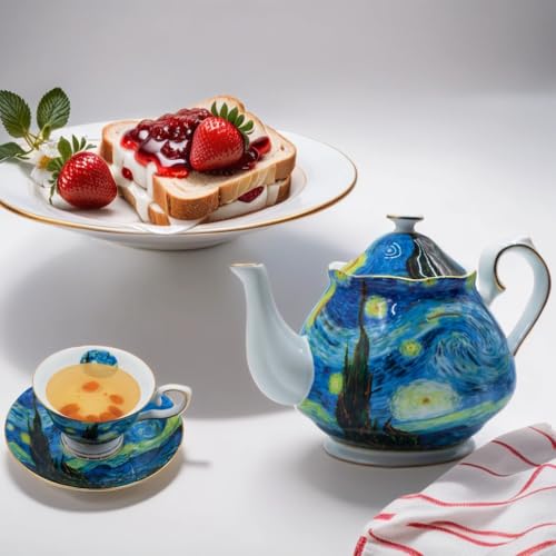 Teapot 30 oz Vangogh Paintings Bone China Loose Tea Pot Floral Design Vintage Ceramic Coffee Water Pot European Style Porcelain (30 Ounce)