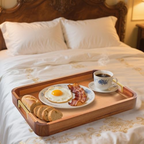 Acacia Wood Serving Tray with Metal Handles