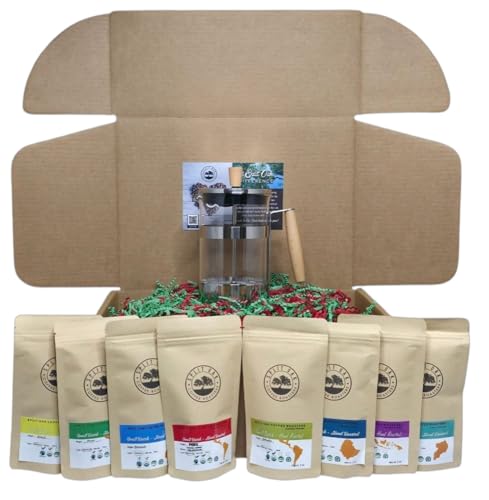 Coffee Gift Box Set 8 Assorted Coffees 2oz plus1 French Press Glass Coffee Maker. Amazing coffees from all over the world. (20 Ounce)