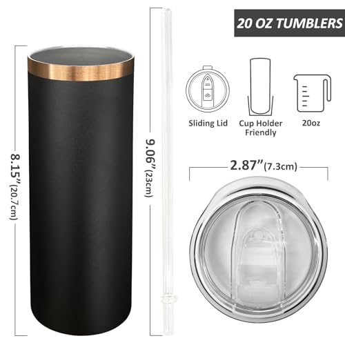 20 oz Skinny Tumblers Bulk with Lids and Straws Black (4 Count)