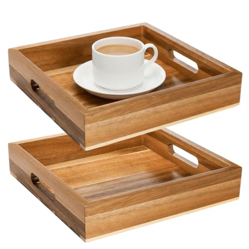 Set of 2 Acacia Wood Serving Tray with Handles (2 Count)