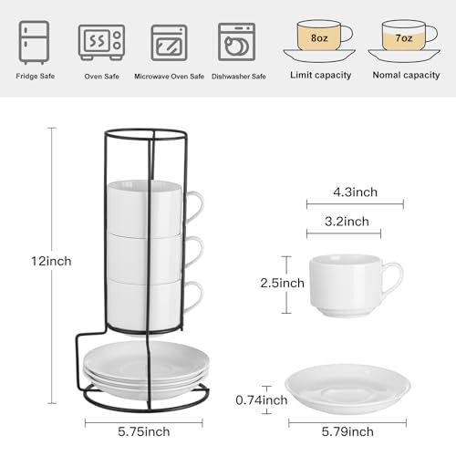 8 Ounce Porcelain Stackable Cappuccino Cups and Saucers Set of 4 (4 Count)