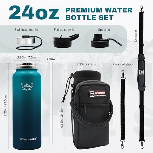24 oz Insulated Water Bottle with Carrier Bag & 3 Lids