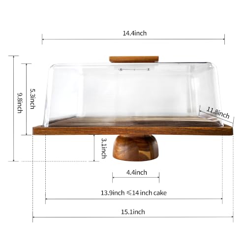 Acacia-Wood-Rectangular-Cake-Stand With Acrylic Lid, 2-in-1 Cake Plates Charcuterie Board With Cover, Cake Holder With Dome, Dessert Table Display Stand