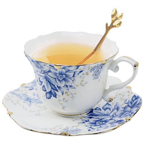 Country Roses Porcelain Tea Cup and Saucer Set with Gold Trim