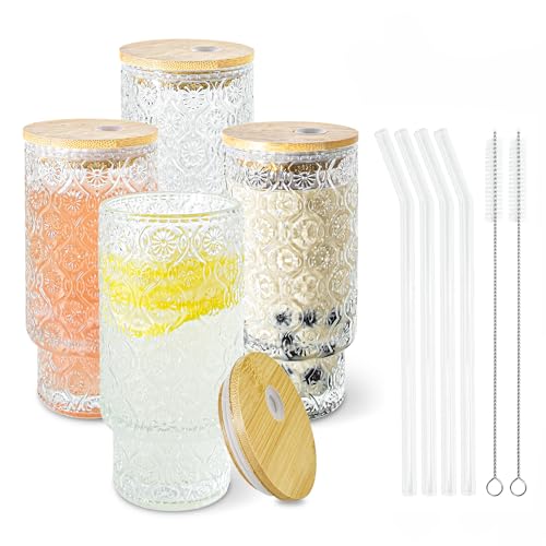 Glass Cups with Lids and Straws 16 oz Begonia Drinking Glasses Set (4 Count)