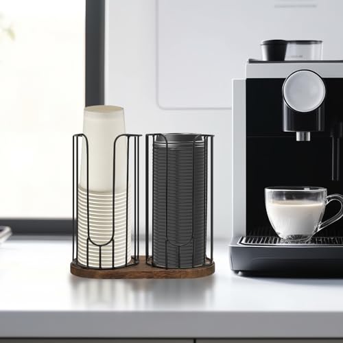 2 Compartment 18oz Coffee Cup Dispenser Rack with Wood Base