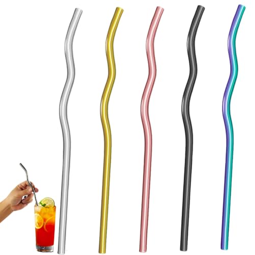 Reusable Stainless Steel Drinking Wavy Colorful Straws