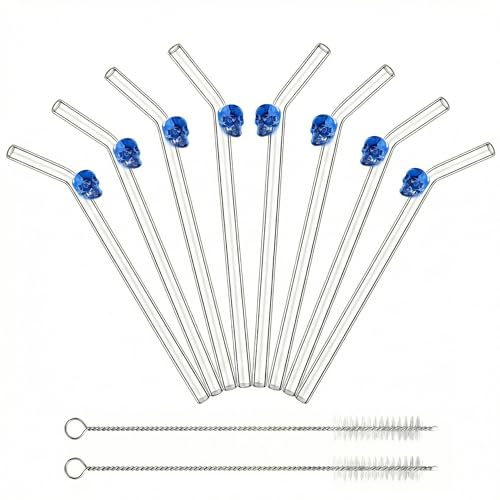 8 Pack Blue Skull Borosilicate Glass Straws with Charms (8 Count)