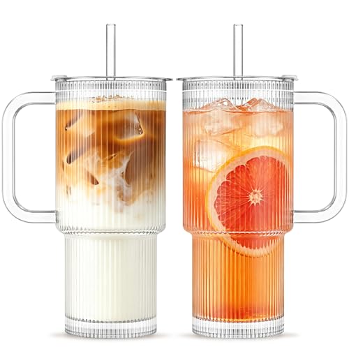 24 oz Ribbed Glass Tumbler with Handle