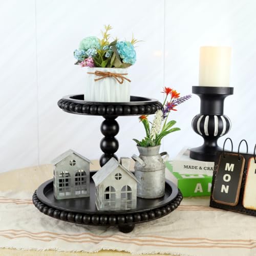 2 Tiered Tray Stand Display Farmhouse Tiered Tray with Beads Home Decor