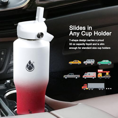 32oz Water Bottle Wide Mouth Stainless Steel Vacuum Insulated Double Wall with 2 Straw Lids Fit in Any Car Cup Holder