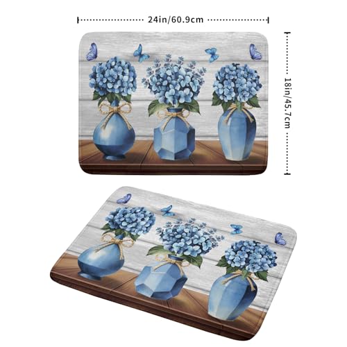 Blue Hydrangea Dish Drying Mat for Kitchen Vintage Wood Board Floral Butterfly Dish Drainer Mats 18x24inch Rustic Flowers Dish Drying Rack Pad Protector for Countertop Dining Decor