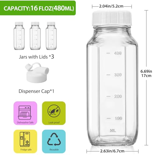 3 Pack 16 Oz Glass Milk Container for Lunch Box (3 Count)