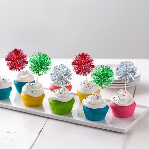 30Pcs Foil Firework Cupcake Toppers Sparkle Tinsel Cake Toppers Tinsel Drink Cake Decoration Cocktail Picks for Birthday Wedding Graduation Party Supplies Silver Green Red (30 Count)
