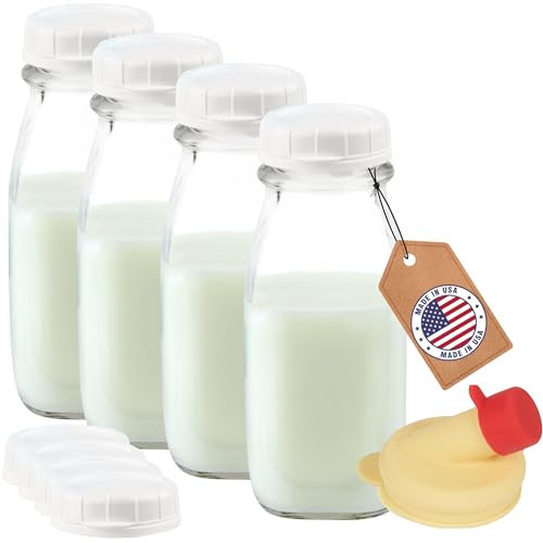 12 Oz Square Glass Milk Bottles with Lids (4 Count)