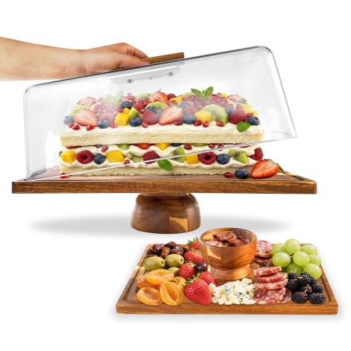 Acacia-Wood-Rectangular-Cake-Stand With Acrylic Lid, 2-in-1 Cake Plates Charcuterie Board With Cover, Cake Holder With Dome, Dessert Table Display Stand