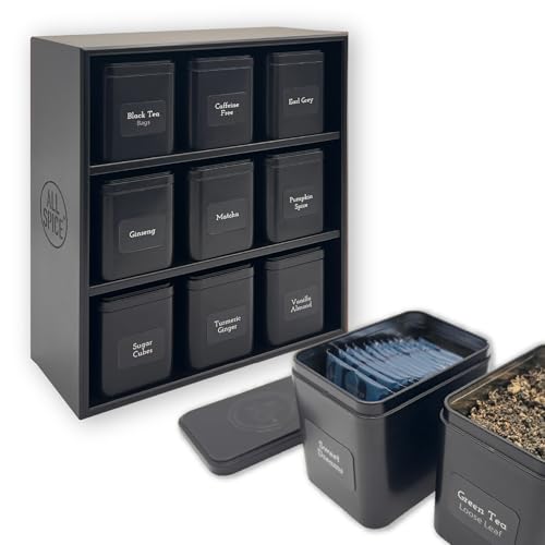 Tea Organizer Rack with 9 Tins & 160 Magnetic Labels