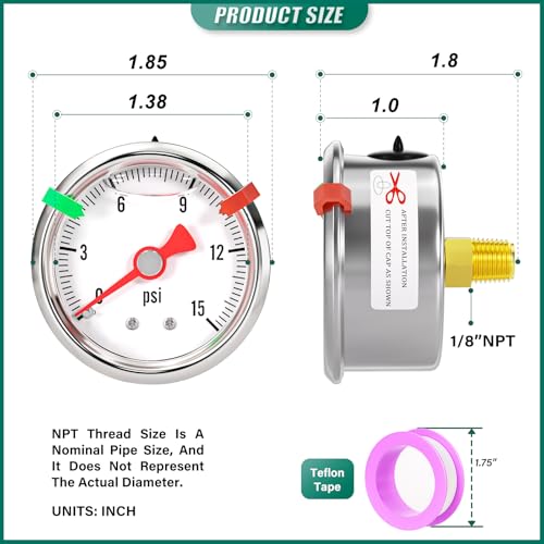 0 15psi Stainless Steel Glycerin Liquid Filled Pressure Gauge 1