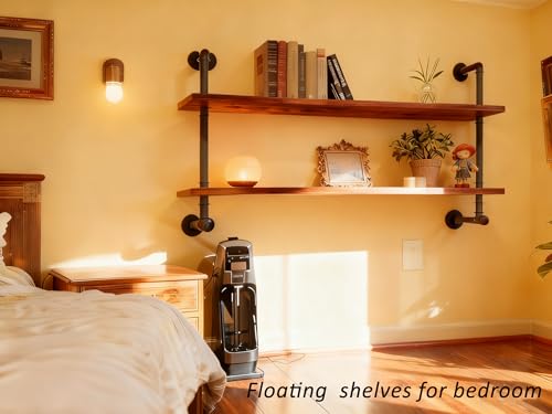 Industrial Pipe Solid Wooden Floating Book Shelves
